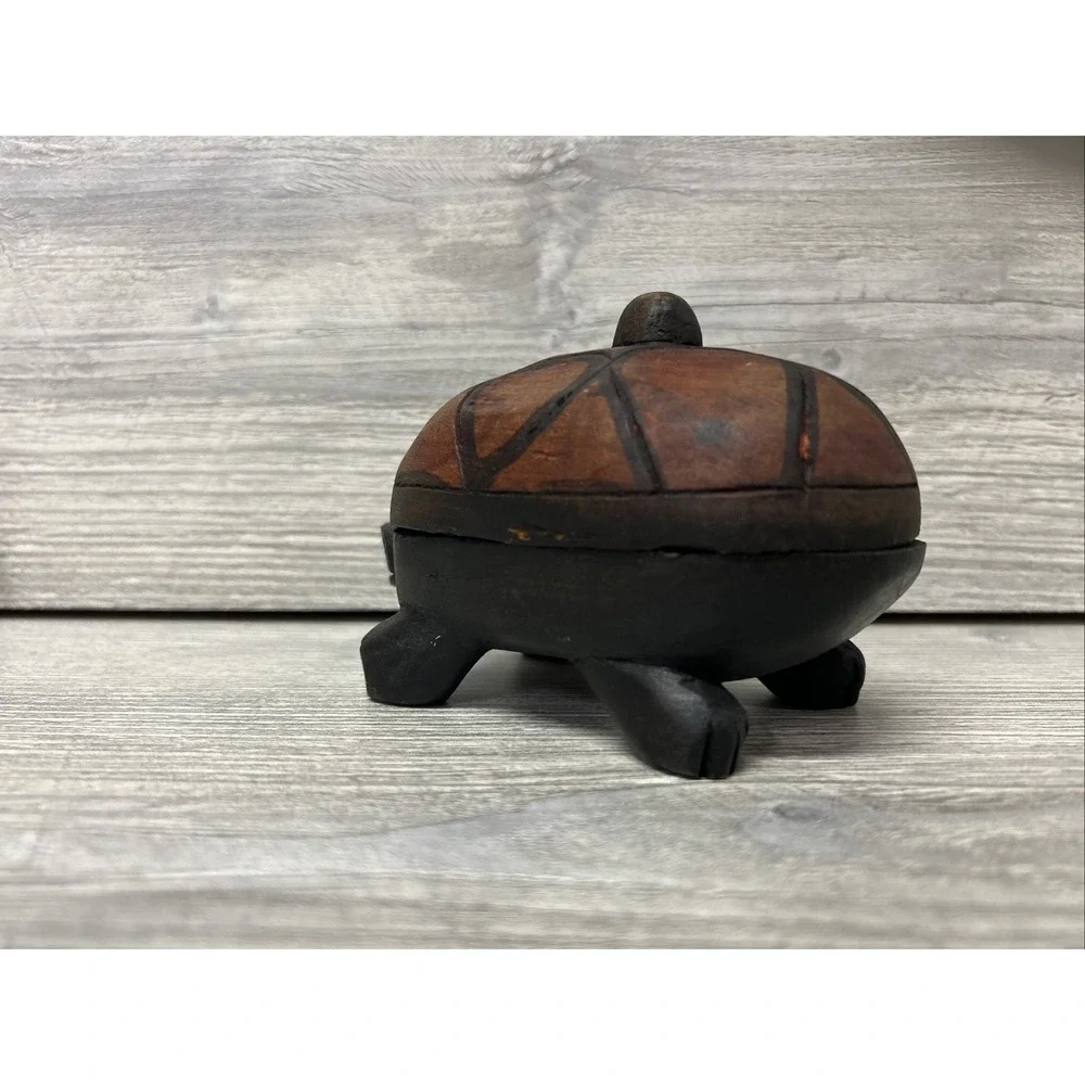 Wood Turtle Trinket Box With Lid Folk Art Vintage Hand Carved Kenya A4‎